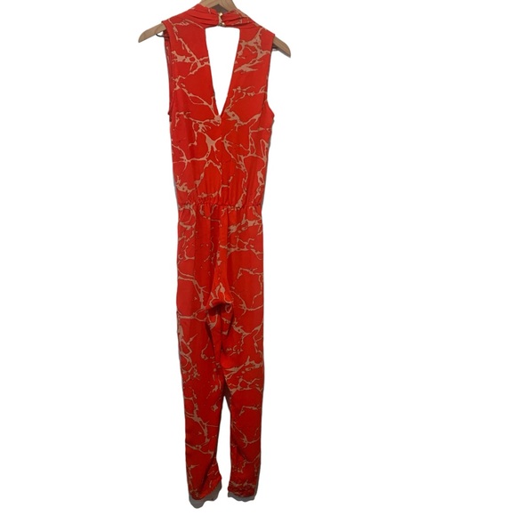 Revolve Karina Grimaldi Red Orange Jumpsuit V neck Patterned Pantsuit Style - Picture 11 of 11